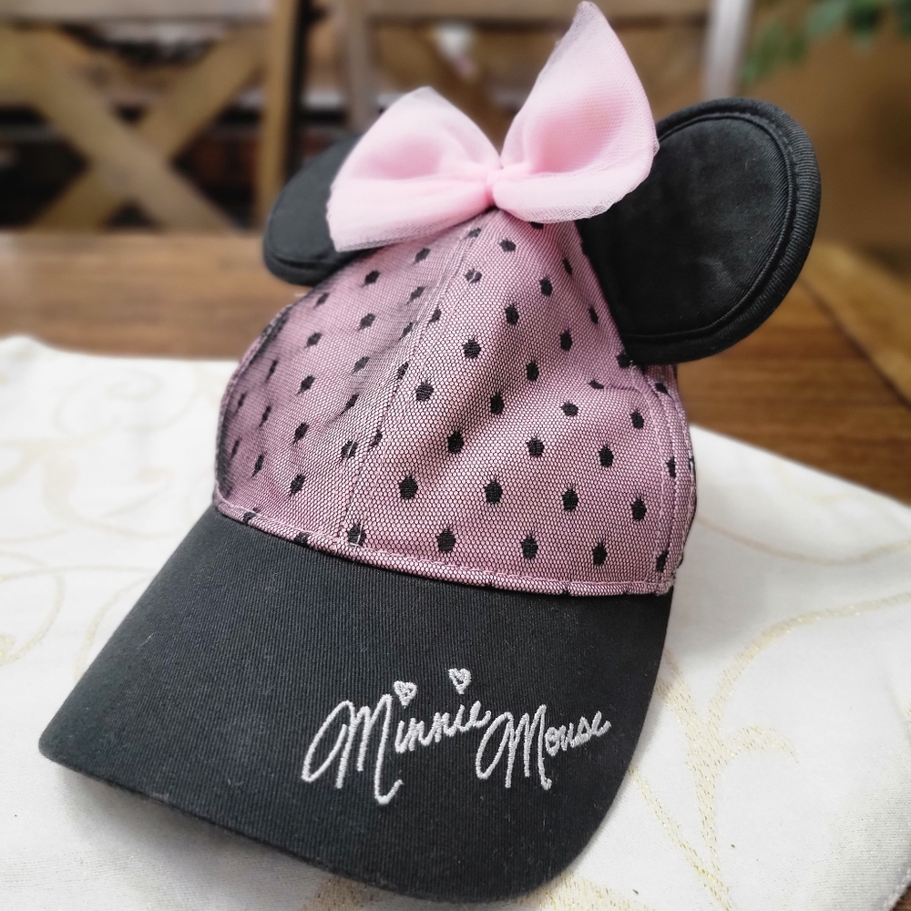 Disney Parks Pink Black Mesh Polka Dot Minnie Mouse Baseball Hat With Ea…
